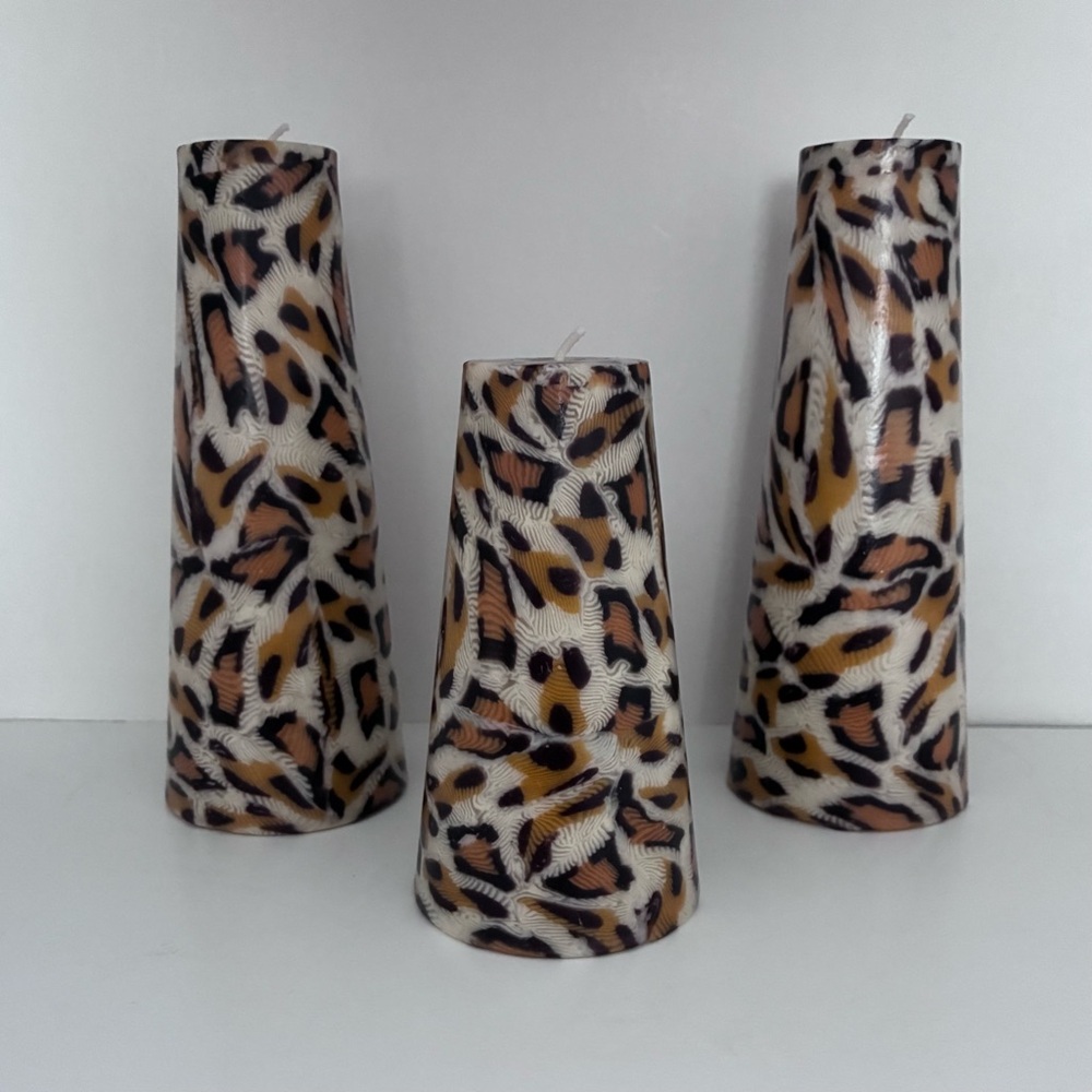 3 UNSCENTED Animal Print Candles Leopard Print: cone shape